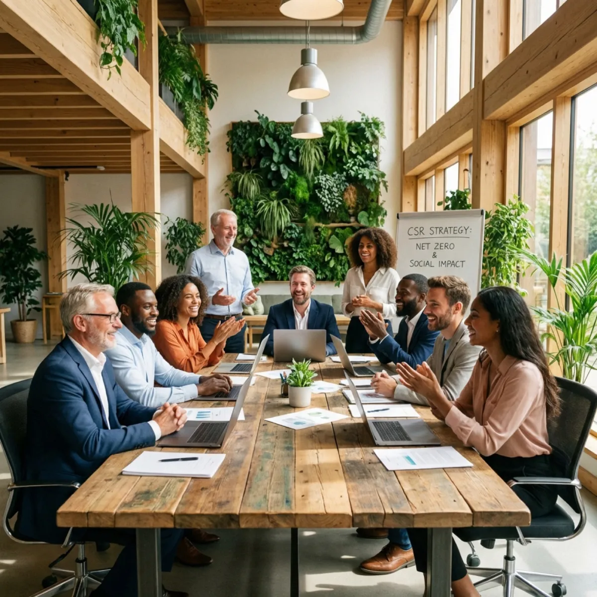 Équipe d'entreprise travaillant sur leur stratégie RSE avec Viseeon