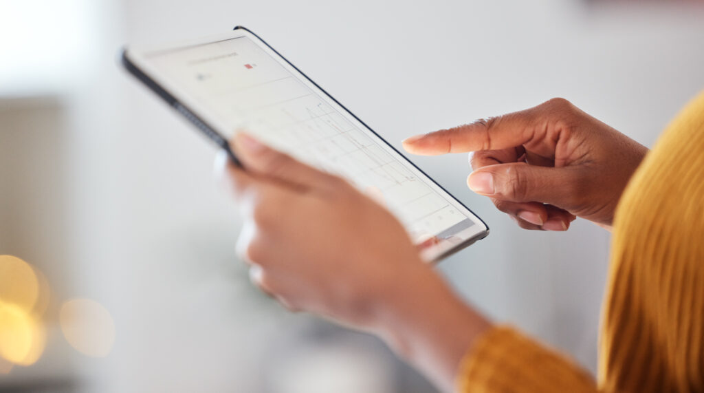 Tablet, hands and woman with data analysis, connection and information for digital marketing with b.